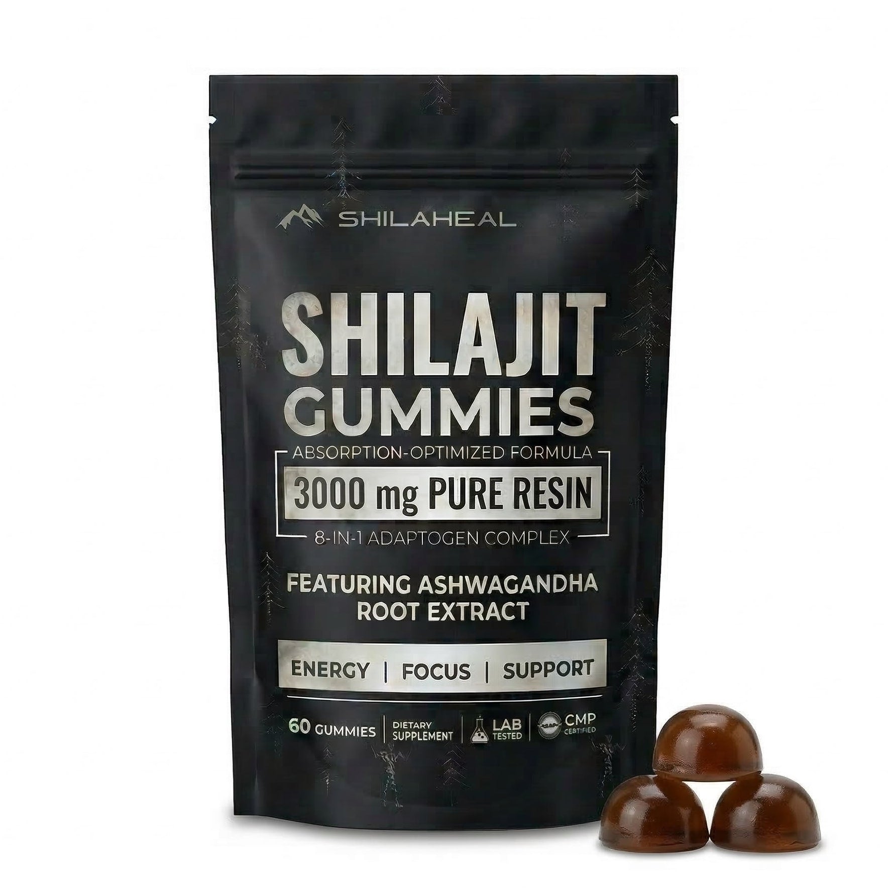 ShilaHeal Himalayan Shilajit Gummies package – 60 count, 3000mg pure resin with fulvic acid, ashwagandha, energy focus and immune support